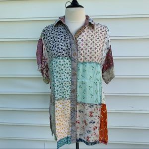 Sacred Threads Small Colorful Button-Up Patchwork Boho Short Sleeve Blouse